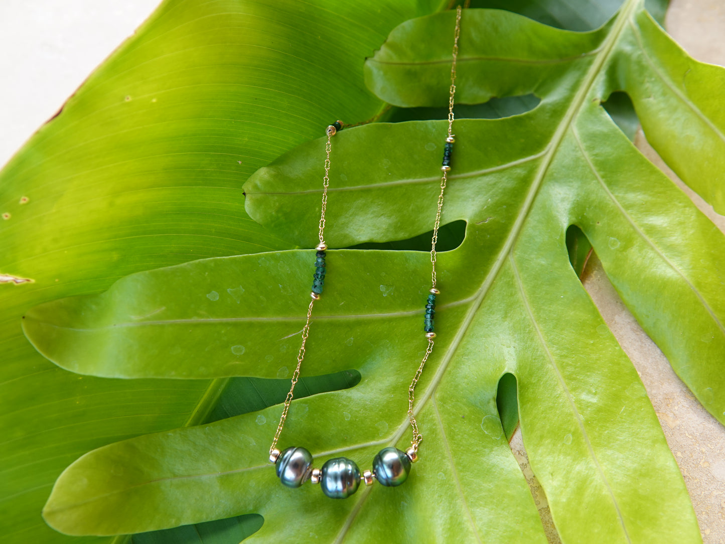 Triple Tahitian Pearl Emerald Necklace